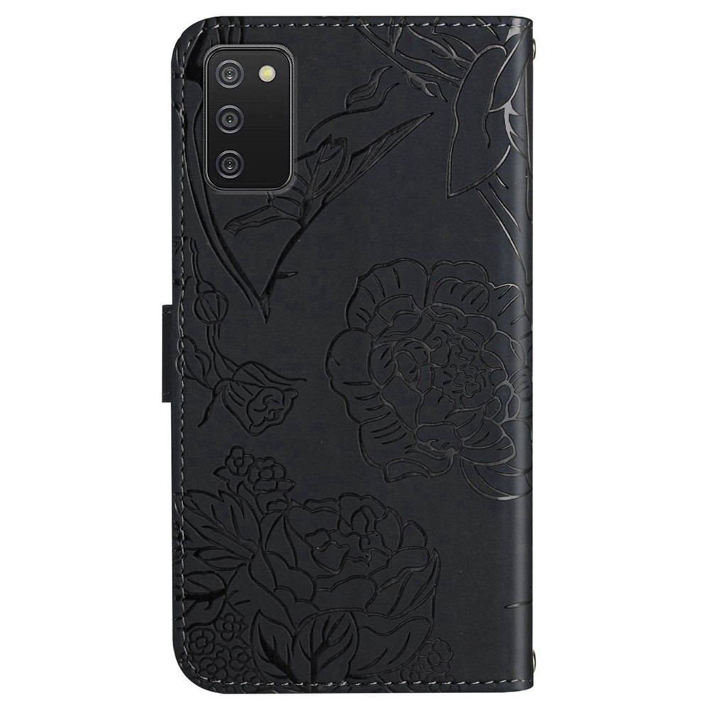 For Samsung Galaxy A02s (164.2x75.9x9.1mm) / F02s Butterfly Flowers Imprinting Leather Cover Wallet Stand Rhinestone Decor Phone Case with Shoulder Strap - Black-8