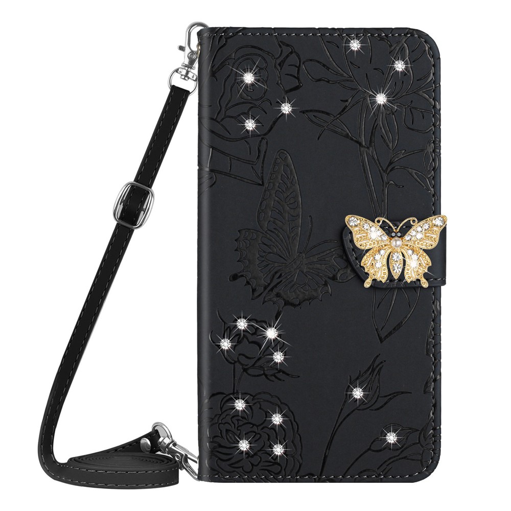For Samsung Galaxy A02s (164.2x75.9x9.1mm) / F02s Butterfly Flowers Imprinting Leather Cover Wallet Stand Rhinestone Decor Phone Case with Shoulder Strap - Black-9