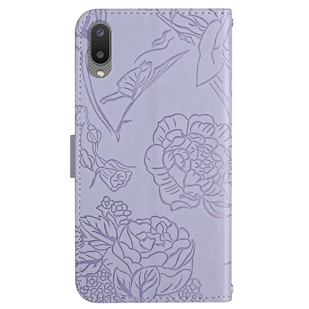 For Samsung Galaxy A02 / M02 Butterfly Flowers Imprinted Rhinestone Decor PU Leather Phone Case Wallet Stand Cover with Shoulder Strap - Light Purple-8