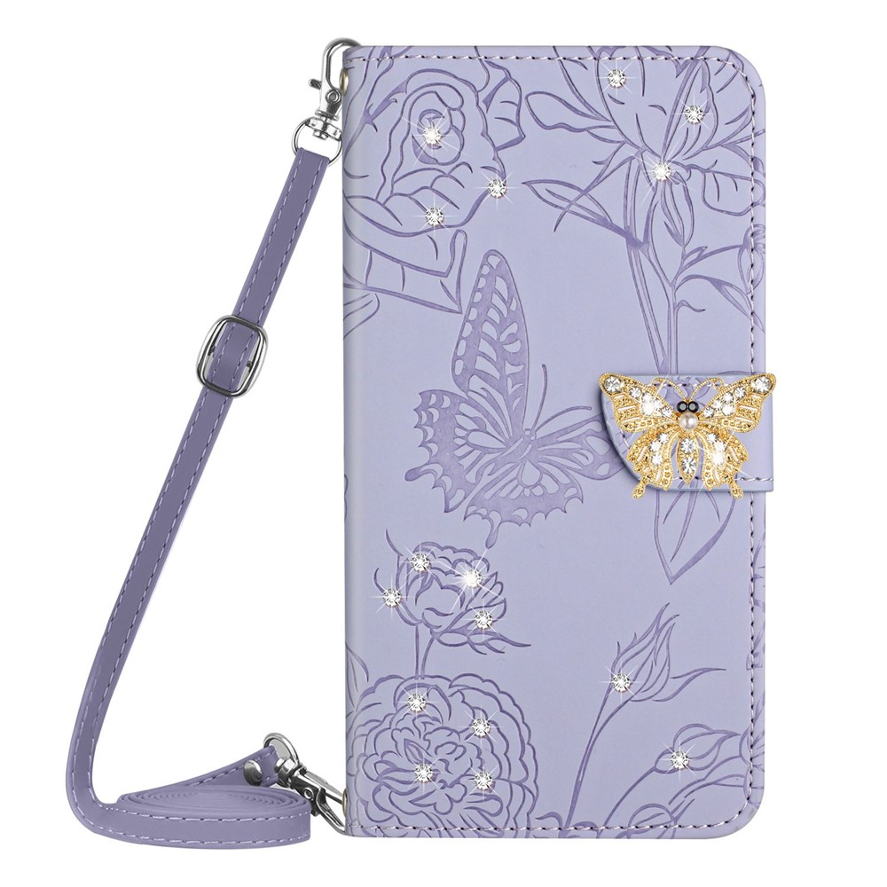 For Samsung Galaxy A02 / M02 Butterfly Flowers Imprinted Rhinestone Decor PU Leather Phone Case Wallet Stand Cover with Shoulder Strap - Light Purple-9