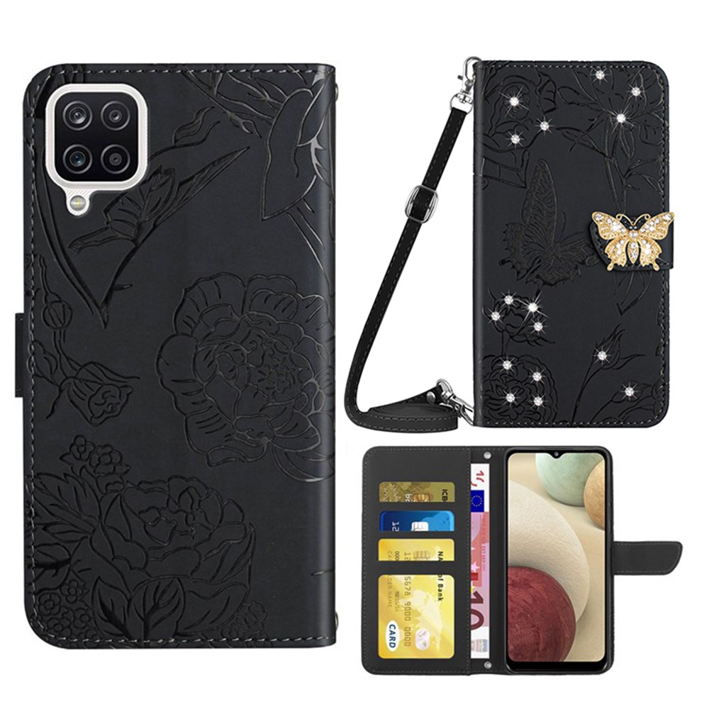 For Samsung Galaxy A12 / M12 / F12 Stand Wallet Phone Case PU Leather Imprinting Butterfly Flowers Rhinestone Decor Cover with Shoulder Strap - Black-1