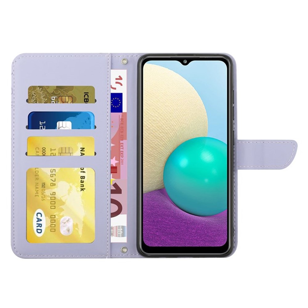 For Samsung Galaxy A20e Skin-touch Leather Case with Shoulder Strap, Butterfly Flowers Imprinting Wallet Stand Rhinestone Decor Phone Shell - Light Purple-2