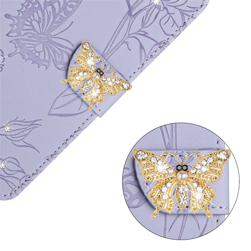 For Samsung Galaxy A20e Skin-touch Leather Case with Shoulder Strap, Butterfly Flowers Imprinting Wallet Stand Rhinestone Decor Phone Shell - Light Purple-4