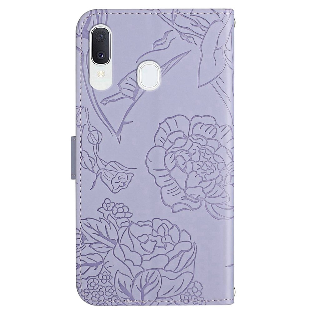 For Samsung Galaxy A20e Skin-touch Leather Case with Shoulder Strap, Butterfly Flowers Imprinting Wallet Stand Rhinestone Decor Phone Shell - Light Purple-8