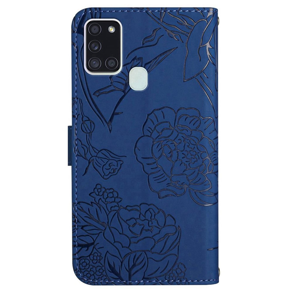 Skin-touch Leather Case for Samsung Galaxy A21s, Butterfly Flowers Imprinted Wallet Stand Rhinestone Decor Phone Cover with Shoulder Strap - Blue-8
