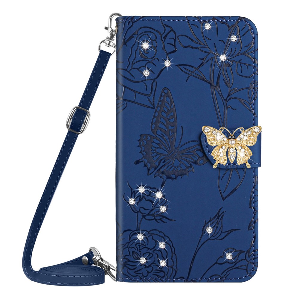 Skin-touch Leather Case for Samsung Galaxy A21s, Butterfly Flowers Imprinted Wallet Stand Rhinestone Decor Phone Cover with Shoulder Strap - Blue-9