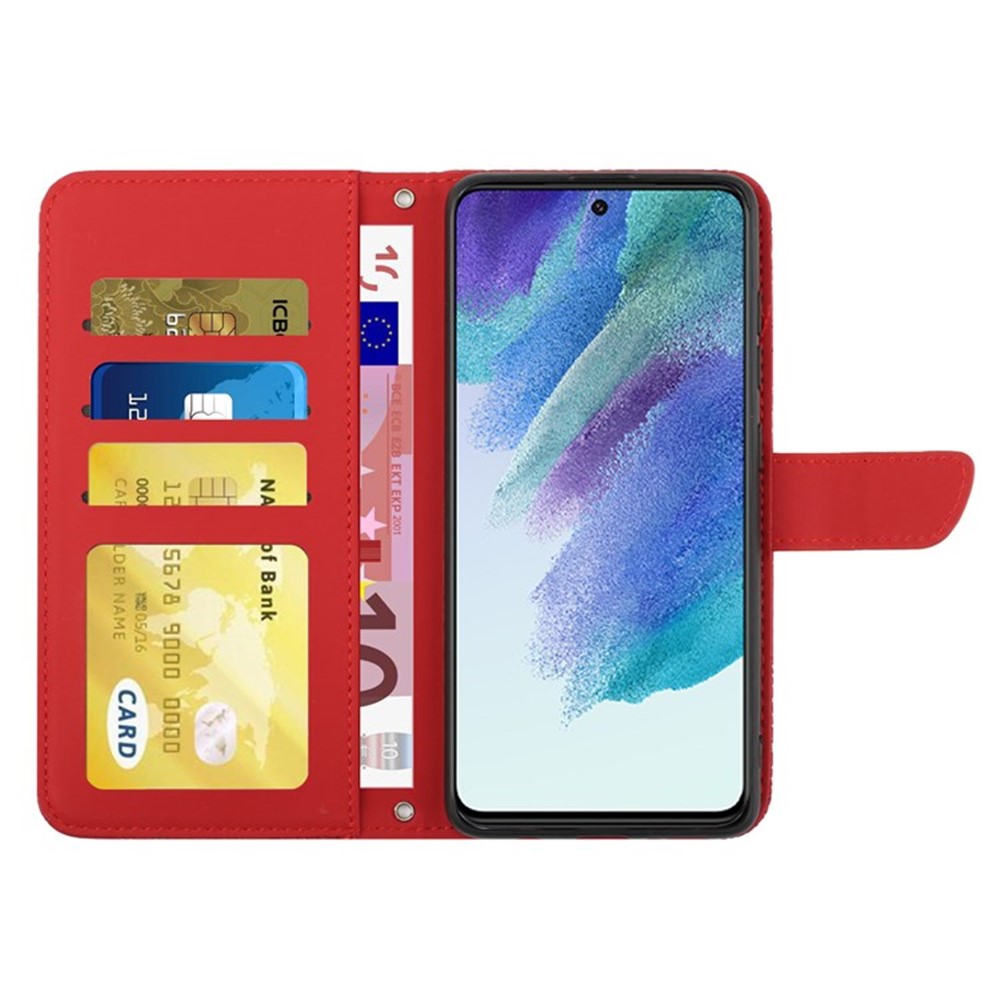 For Samsung Galaxy S20 FE / S20 FE 5G / S20 FE 2022 / S20 Lite Rhinestone Decor Leather Case Butterfly Flowers Imprinted Phone Stand Wallet Cover with Shoulder Strap - Red-2