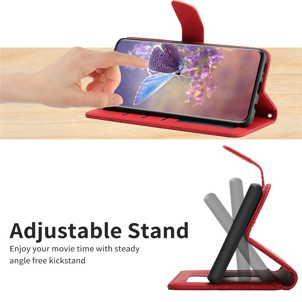 For Samsung Galaxy S20 FE / S20 FE 5G / S20 FE 2022 / S20 Lite Rhinestone Decor Leather Case Butterfly Flowers Imprinted Phone Stand Wallet Cover with Shoulder Strap - Red-3