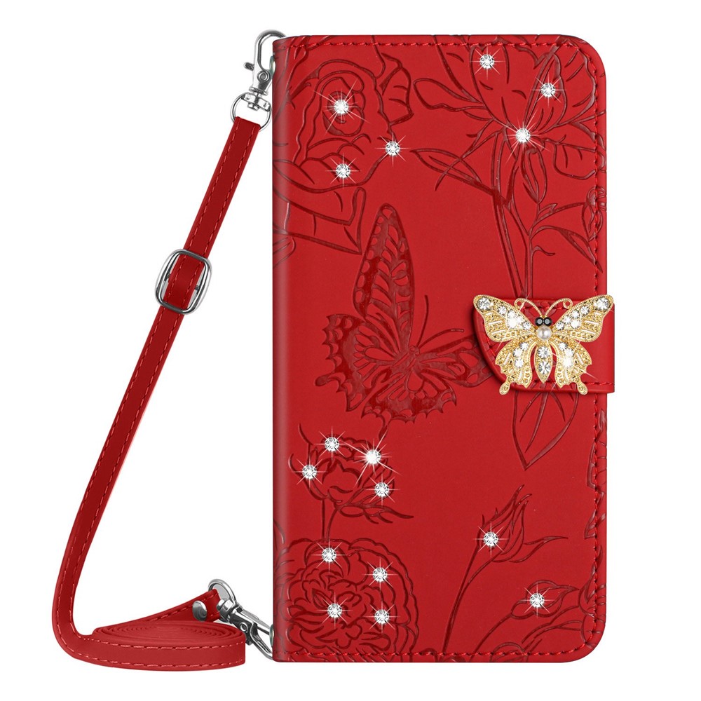 For Samsung Galaxy S20 FE / S20 FE 5G / S20 FE 2022 / S20 Lite Rhinestone Decor Leather Case Butterfly Flowers Imprinted Phone Stand Wallet Cover with Shoulder Strap - Red-9