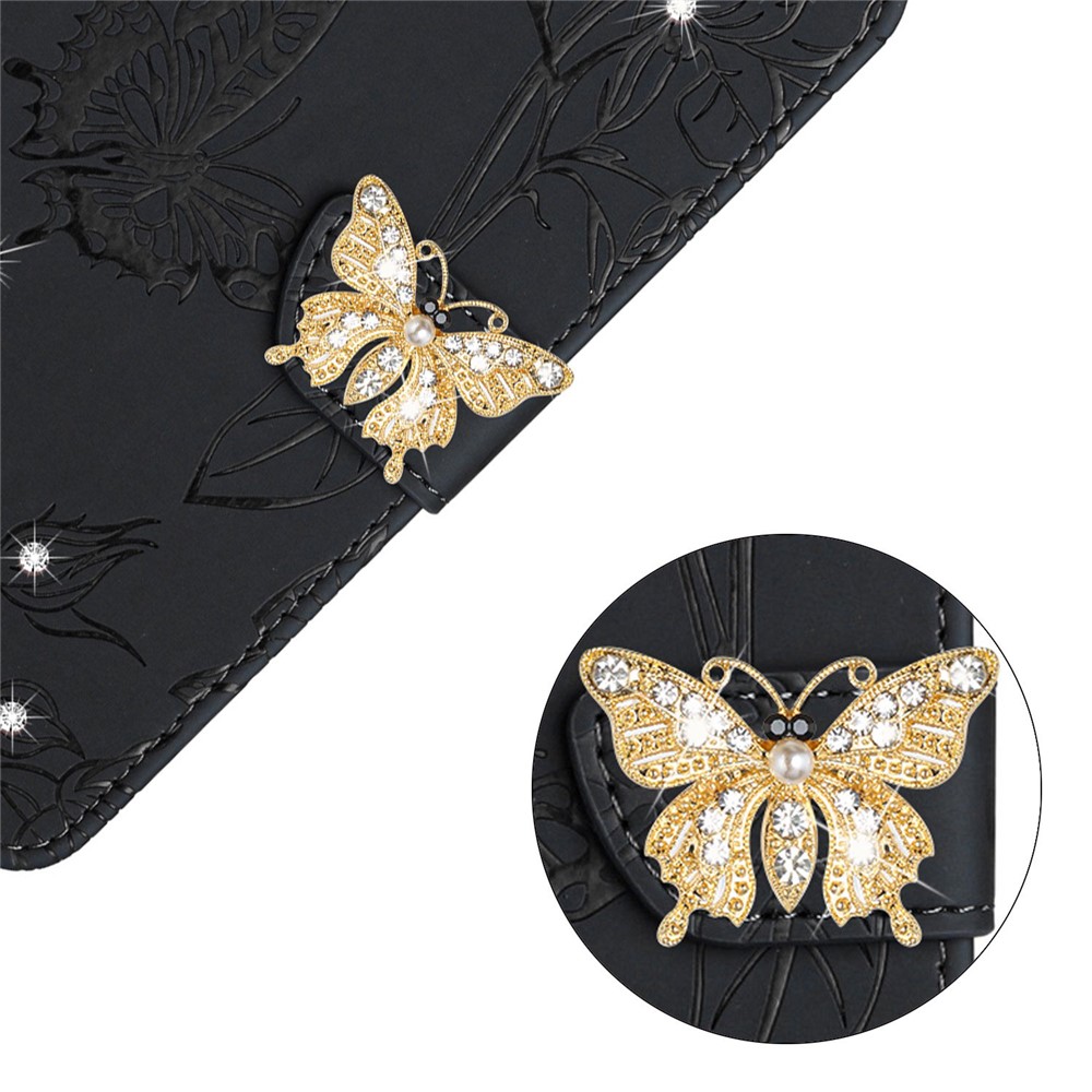 For Samsung Galaxy A22 4G (EU Version) Butterfly Flowers Imprinting Wallet Stand Case PU Leather Rhinestone Decor Shoulder Strap Phone Cover - Black-4