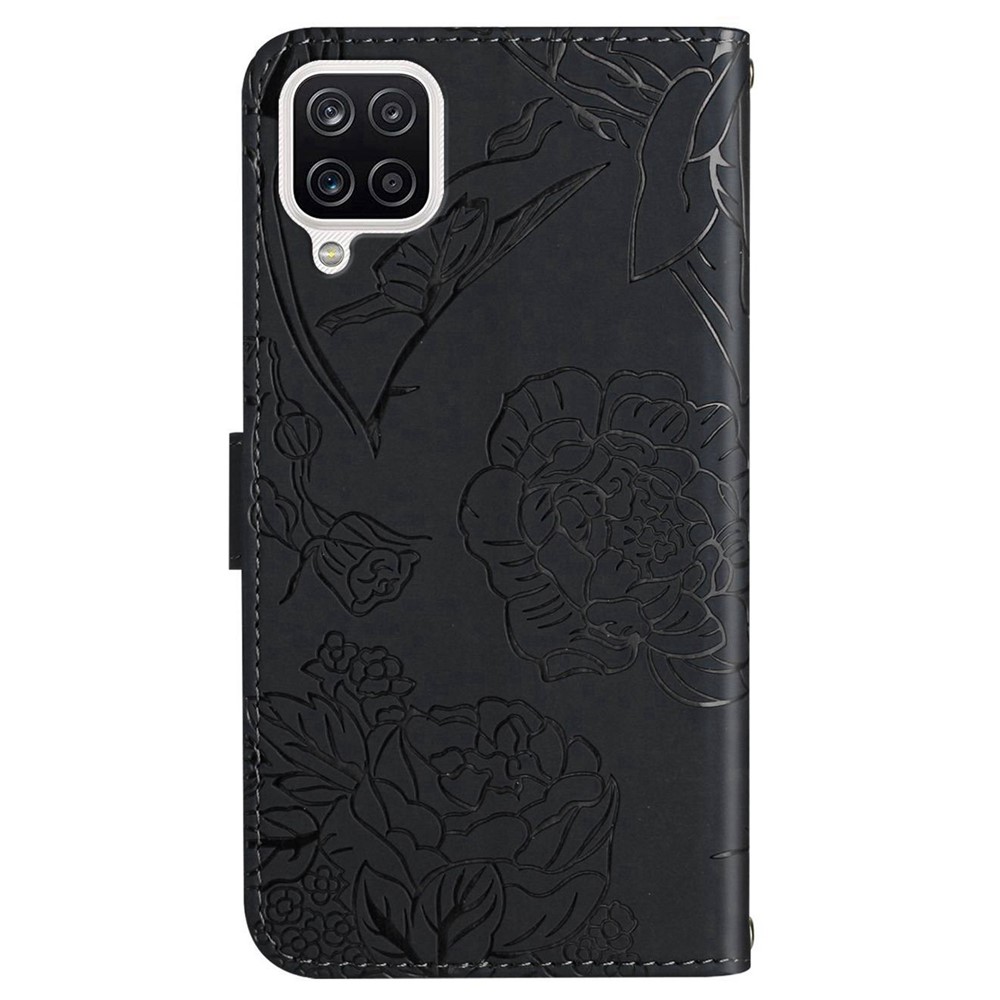 For Samsung Galaxy A22 4G (EU Version) Butterfly Flowers Imprinting Wallet Stand Case PU Leather Rhinestone Decor Shoulder Strap Phone Cover - Black-8