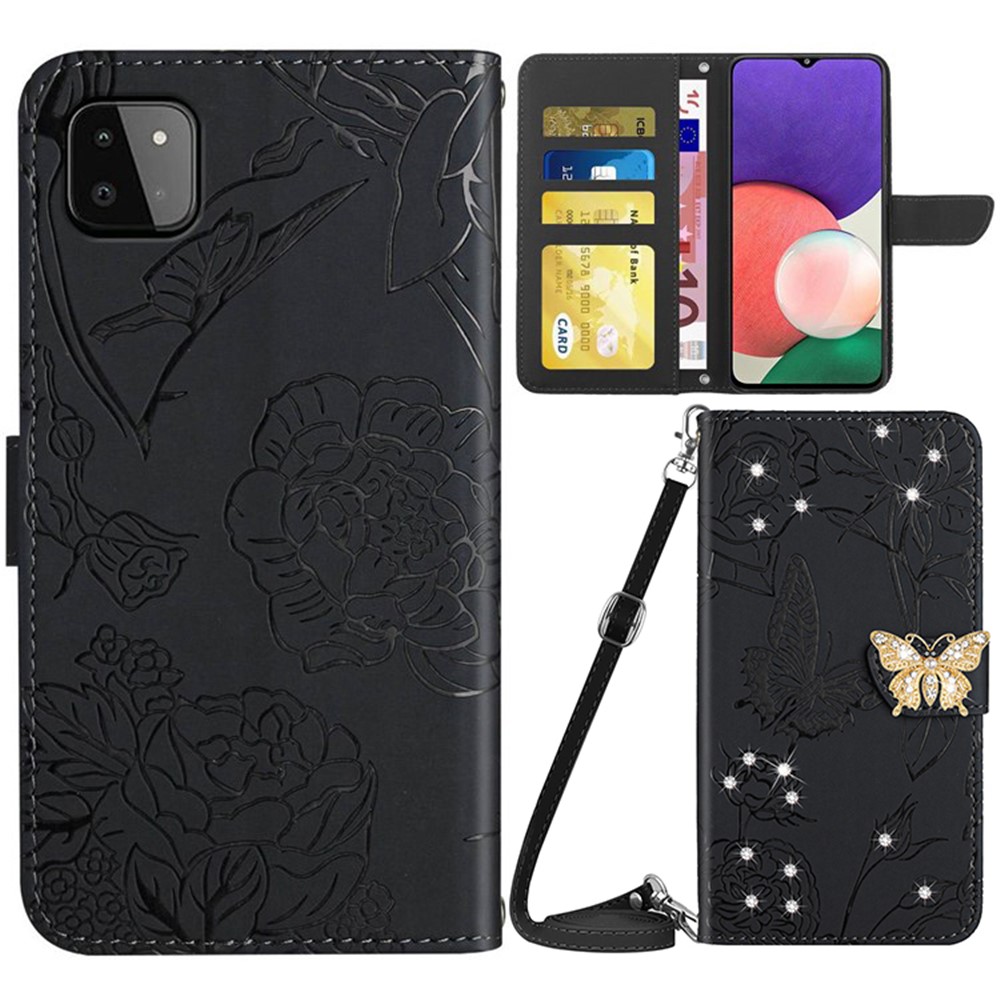 For Samsung Galaxy A22 5G (EU Version) Butterfly Flowers Imprinted Rhinestone Decor Phone Cover Wallet Stand Leather Case with Shoulder Strap - Black-1