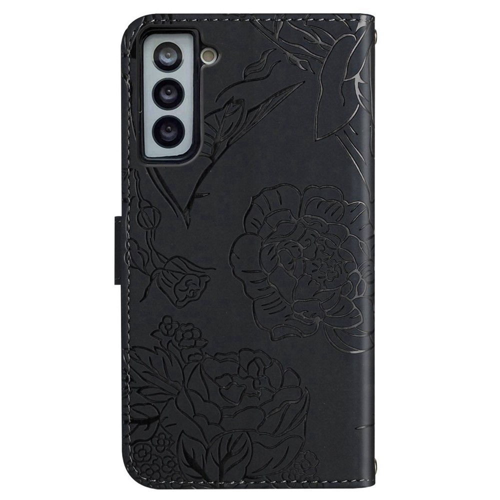 Skin-touch Rhinestone Decor Phone Cover for Samsung Galaxy S22+ 5G, Leather Butterfly Flowers Imprinted Wallet Stand Case with Shoulder Strap - Black-8