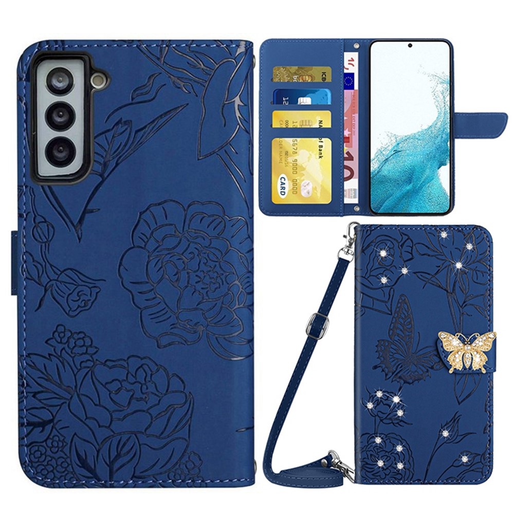 Rhinestone Decor Wallet Stand Case for Samsung Galaxy S22 5G, Butterfly Flowers Imprinted Leather Phone Cover with Shoulder Strap - Blue-1