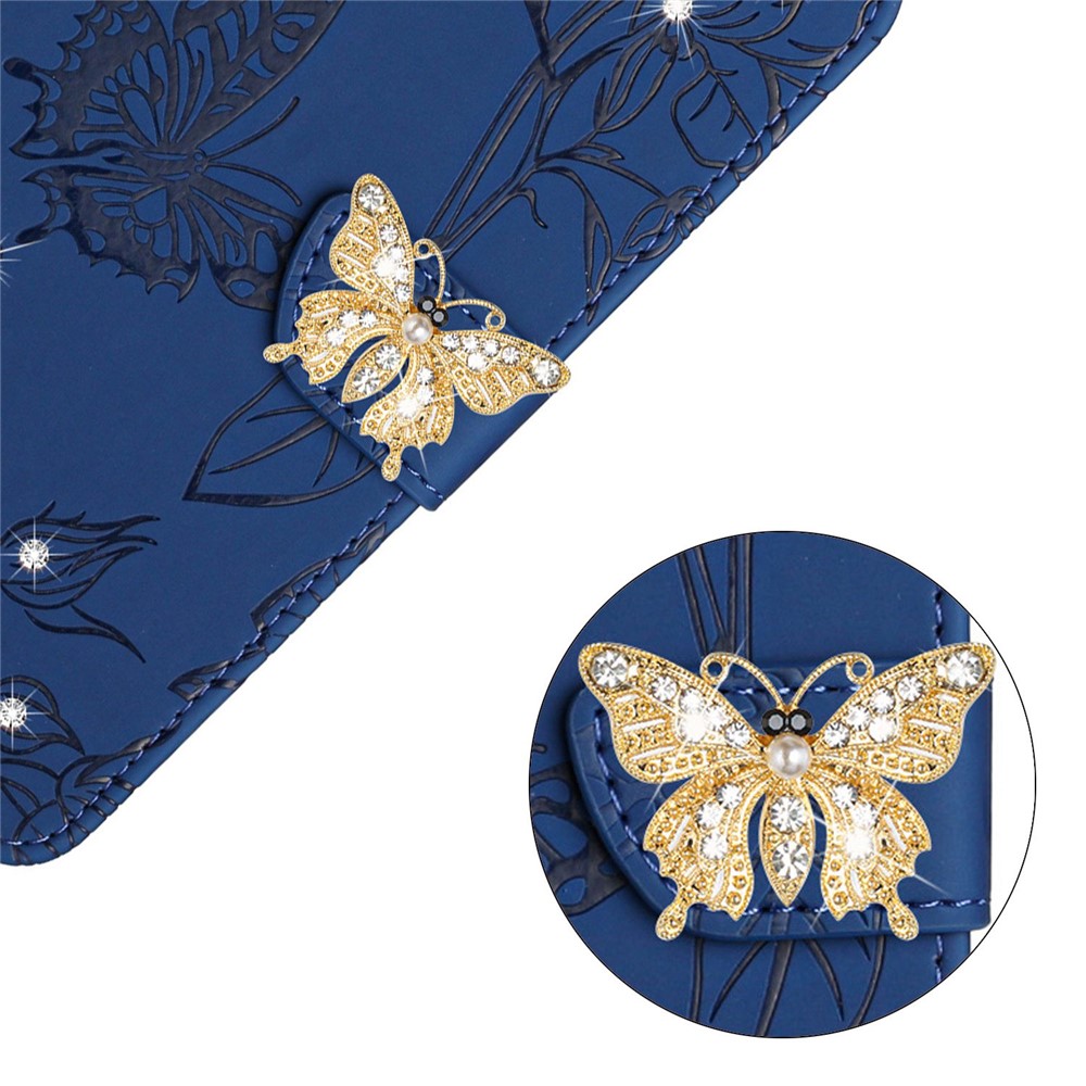 Rhinestone Decor Wallet Stand Case for Samsung Galaxy S22 5G, Butterfly Flowers Imprinted Leather Phone Cover with Shoulder Strap - Blue-4