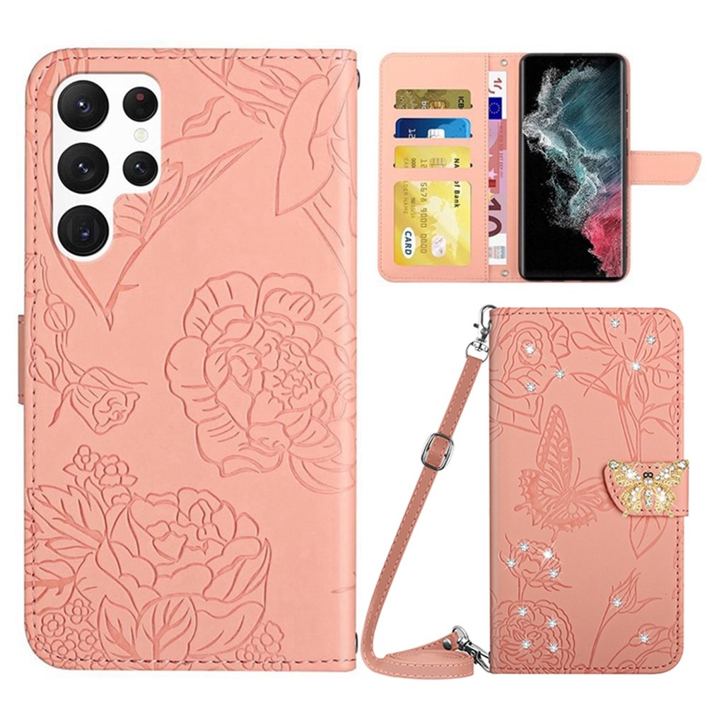 For Samsung Galaxy S22 Ultra 5G Butterfly Flowers Imprinting PU Leather TPU Case Rhinestone Decor Phone Cover with Wallet Stand and Shoulder Strap - Pink-1