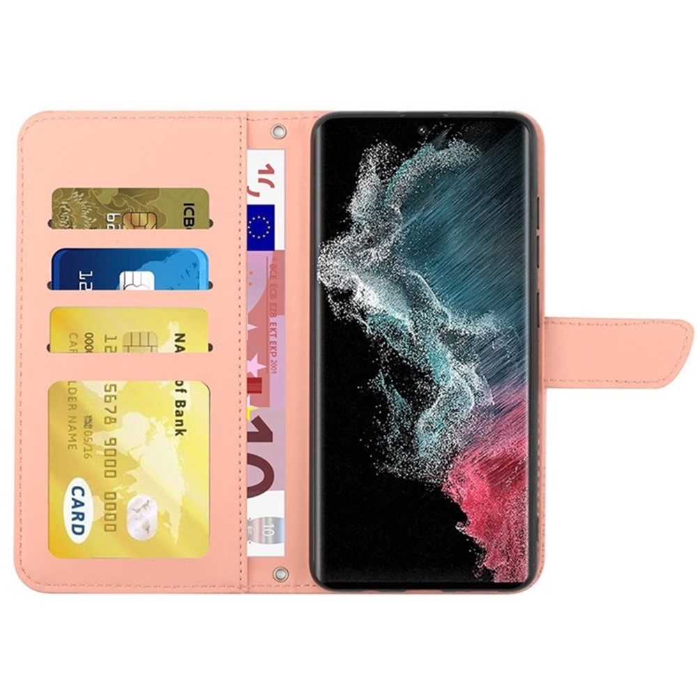 For Samsung Galaxy S22 Ultra 5G Butterfly Flowers Imprinting PU Leather TPU Case Rhinestone Decor Phone Cover with Wallet Stand and Shoulder Strap - Pink-2