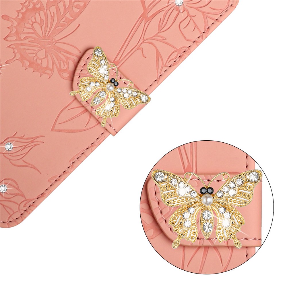 For Samsung Galaxy S22 Ultra 5G Butterfly Flowers Imprinting PU Leather TPU Case Rhinestone Decor Phone Cover with Wallet Stand and Shoulder Strap - Pink-4