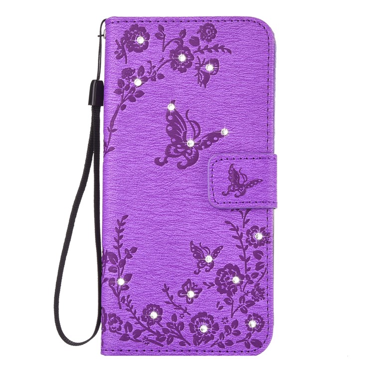Imprinted Butterfly Flowers Rhinestone Stand Leather Wallet Case for Samsung Galaxy S7 edge SM-G935 - Purple-1