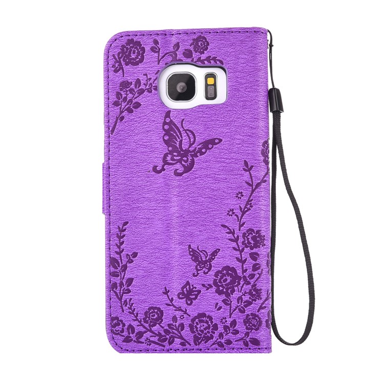 Imprinted Butterfly Flowers Rhinestone Stand Leather Wallet Case for Samsung Galaxy S7 edge SM-G935 - Purple-2