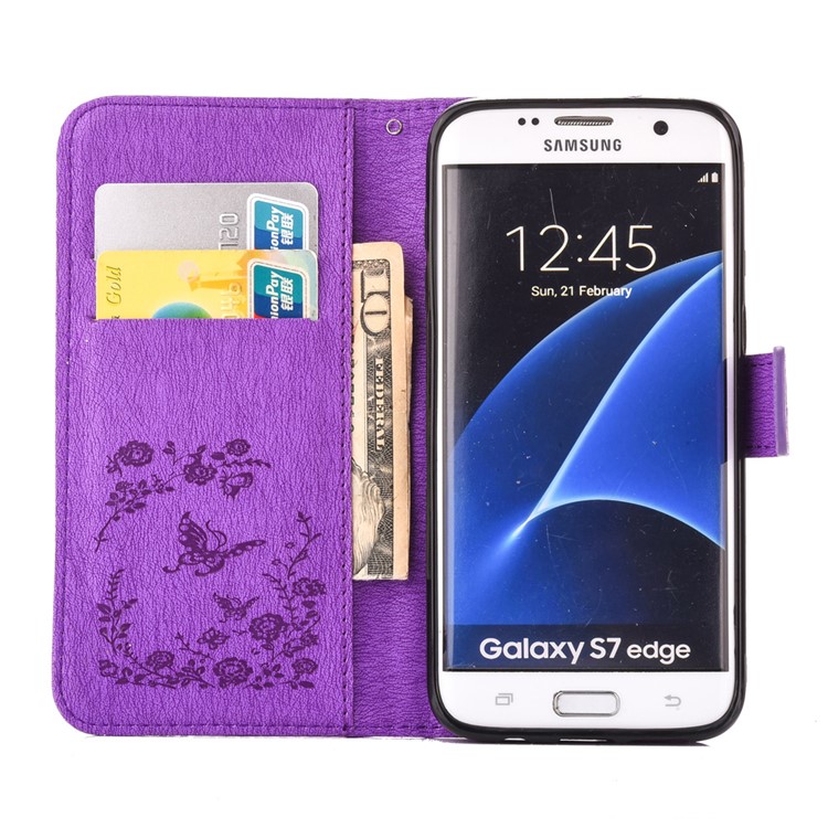 Imprinted Butterfly Flowers Rhinestone Stand Leather Wallet Case for Samsung Galaxy S7 edge SM-G935 - Purple-4