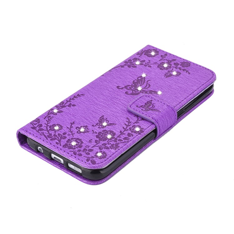 Imprinted Butterfly Flowers Rhinestone Stand Leather Wallet Case for Samsung Galaxy S7 edge SM-G935 - Purple-5