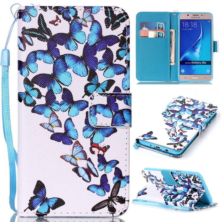Patterned Leather Wallet Case with Hand Strap for Samsung Galaxy J5 (2016) SM-J510 - Blue Butterflies-1