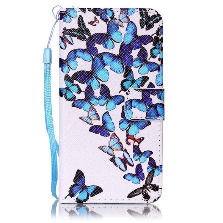 Patterned Leather Wallet Case with Hand Strap for Samsung Galaxy J5 (2016) SM-J510 - Blue Butterflies-2