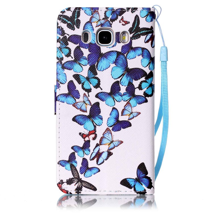 Patterned Leather Wallet Case with Hand Strap for Samsung Galaxy J5 (2016) SM-J510 - Blue Butterflies-3