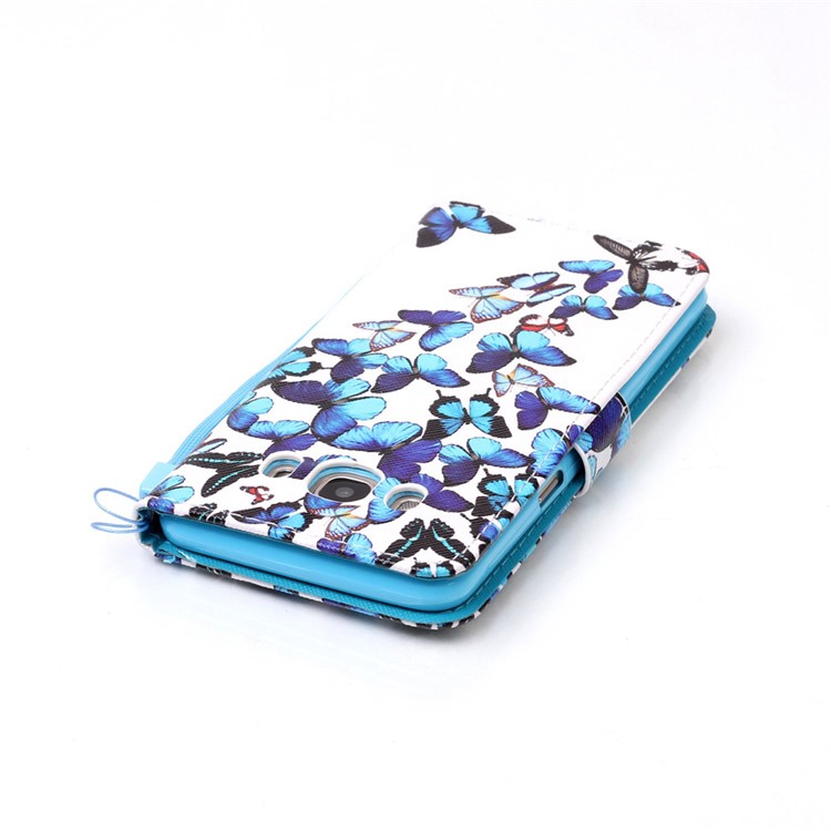 Patterned Leather Wallet Case with Hand Strap for Samsung Galaxy J5 (2016) SM-J510 - Blue Butterflies-6