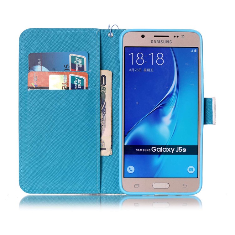 Patterned Leather Wallet Case with Hand Strap for Samsung Galaxy J5 (2016) SM-J510 - Blue Butterflies-7