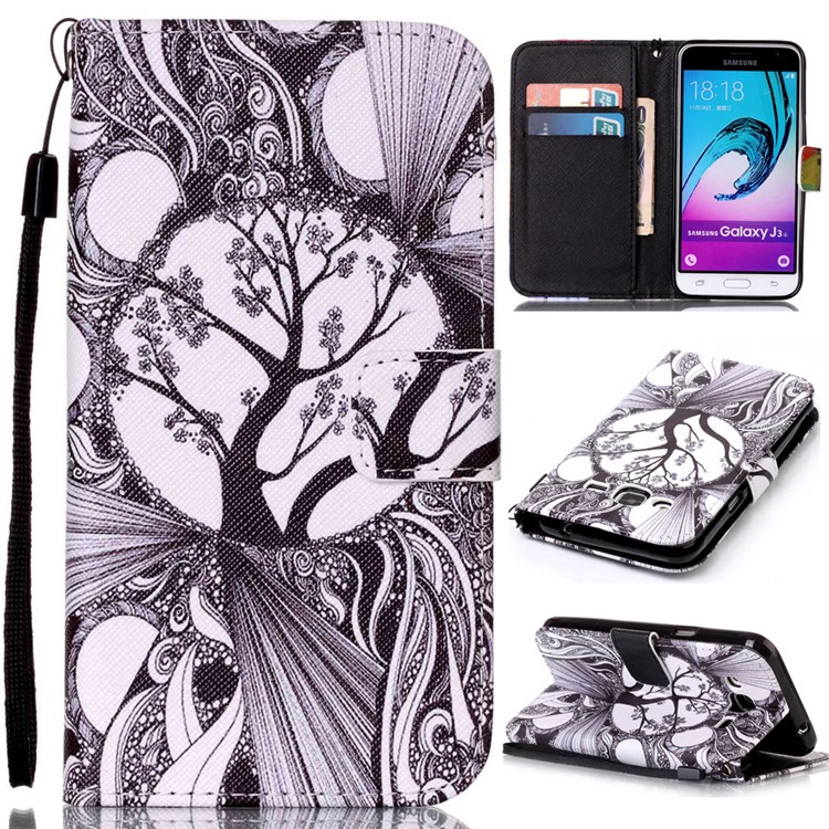 Pattern Printing Leather Wallet Stand Case for Samsung Galaxy J3 (2016) / J3 - Abstract Tree Pattern-1