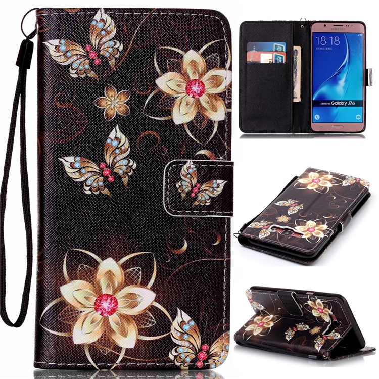 Patterned Leather Wallet Protector Cover with Lanyard for Samsung Galaxy J7 (2016) SM-J710 - Dazzling Flowers and Butterflies-1