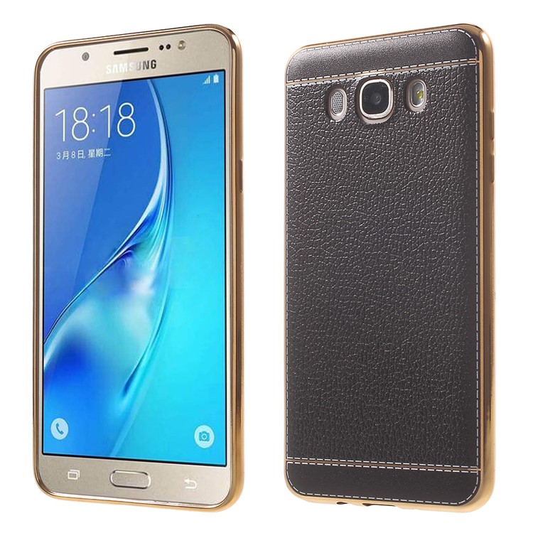 Lychee Grain Leather Coated Plating TPU Case for Samsung Galaxy J7 (2016) - Black-1