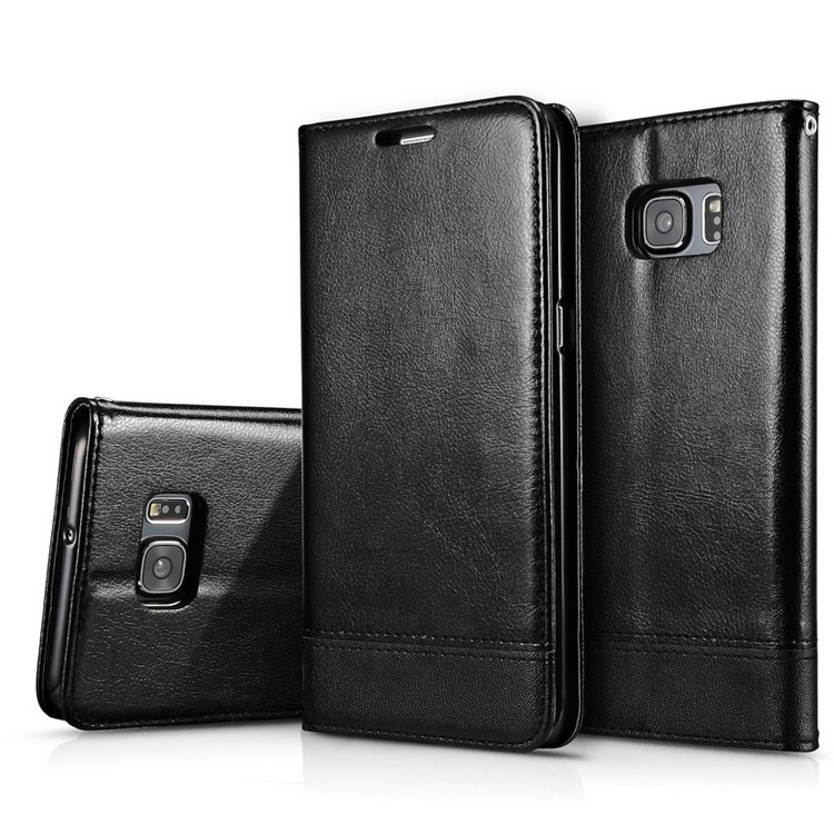 Card Holder Leather Stand Phone Case for Samsung Galaxy S7 G930 with Wrist Strap - Black-1