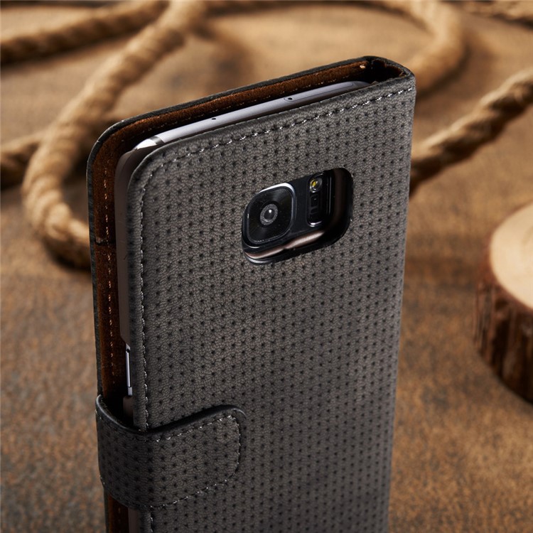 Grid Pattern Retro Leather Wallet Stand Case for Samsung Galaxy S7 Edge G935 - Grey-18