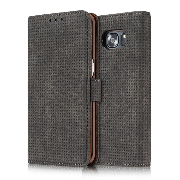Grid Pattern Retro Leather Wallet Stand Case for Samsung Galaxy S7 Edge G935 - Grey-2