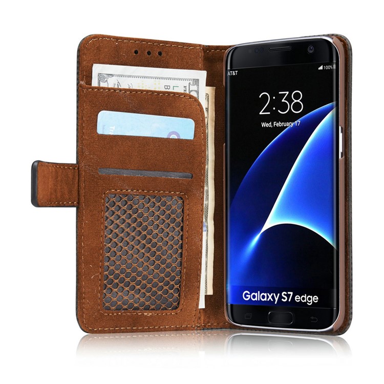 Grid Pattern Retro Leather Wallet Stand Case for Samsung Galaxy S7 Edge G935 - Grey-6