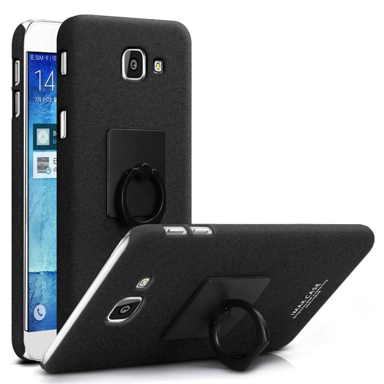 IMAK Matte PC Cell Phone Case with Finger Ring Kickstand for Samsung Galaxy A8 (2016) - Black-1