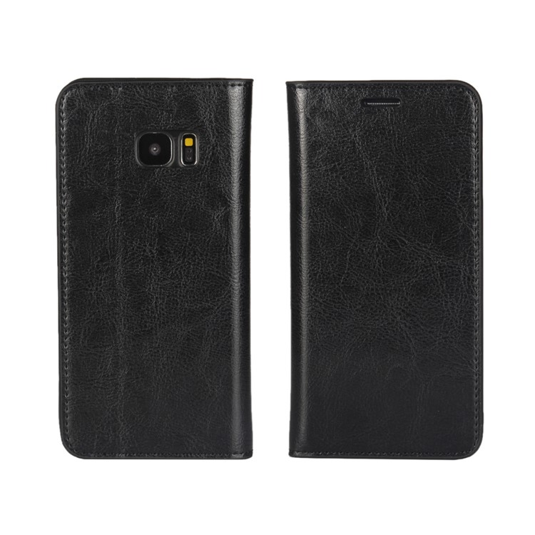 Crazy Horse Genuine Full Grain Leather Case Wallet for Samsung Galaxy S7 Edge G935 - Black-1