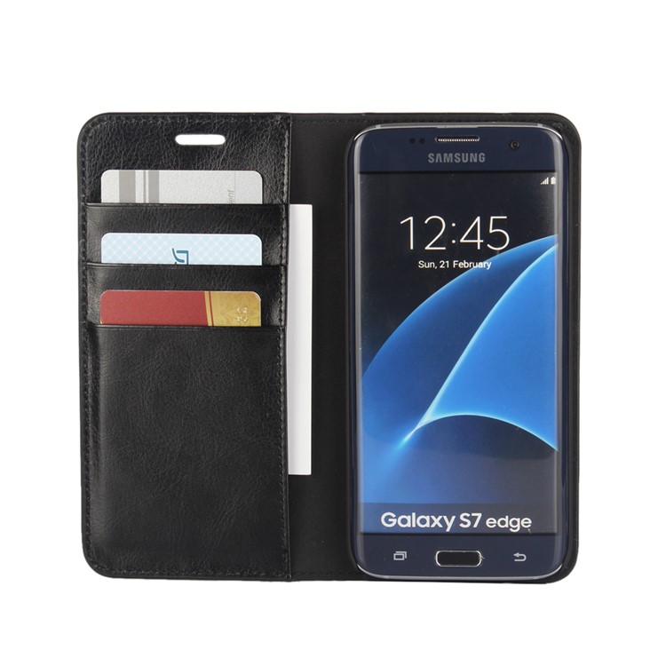 Crazy Horse Genuine Full Grain Leather Case Wallet for Samsung Galaxy S7 Edge G935 - Black-6