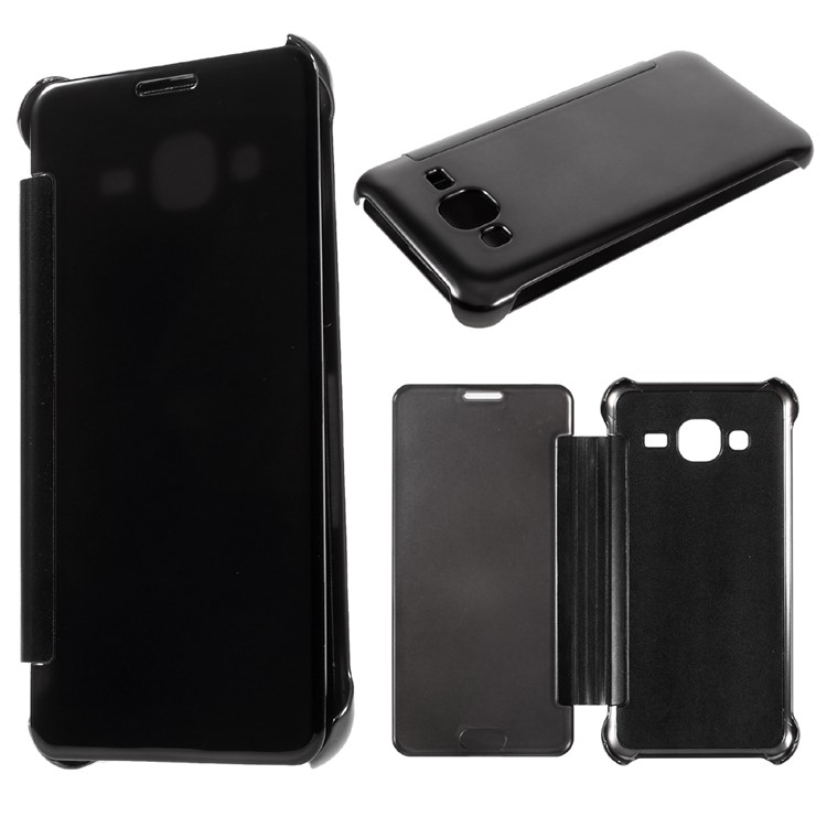 Electroplating Mirror Surface Plastic Leather Case for Samsung Galaxy J3 (2016) / J3 - Black-1
