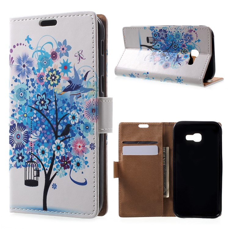 

Patterned Card Holder Leather Cover for Samsung Galaxy A3 (2017) - Blue Tree & Bird Cage