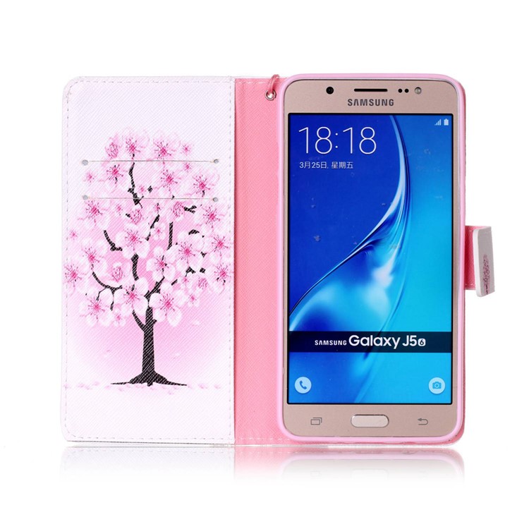 Patterned Wallet Leather Stand Case with Lanyard for Samsung Galaxy J5 (2016) SM-J510 - Plum Blossom-3