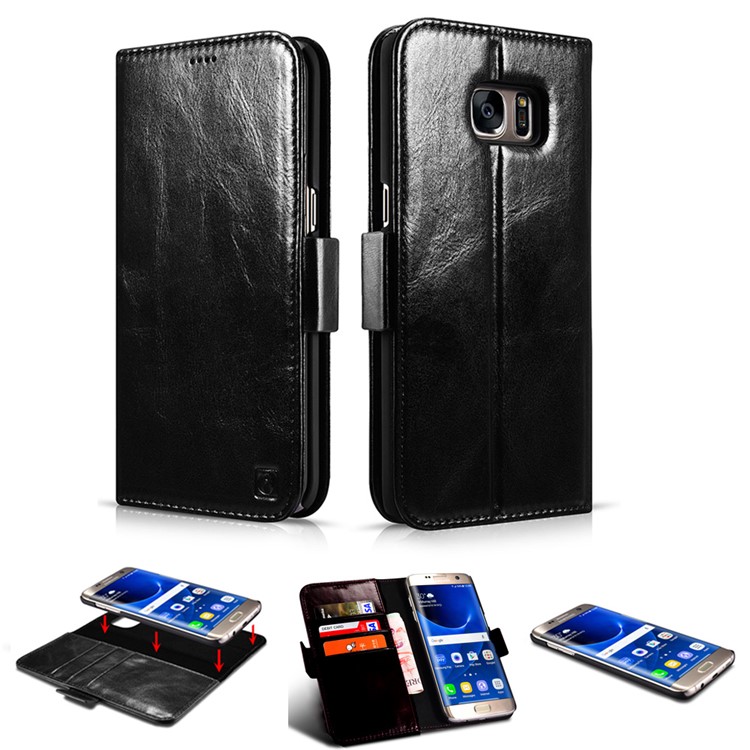ICARER 2-in-1 Genuine Leather Wallet Case with Movable Inner PC for Samsung Galaxy S7 edge G935 - Black-1