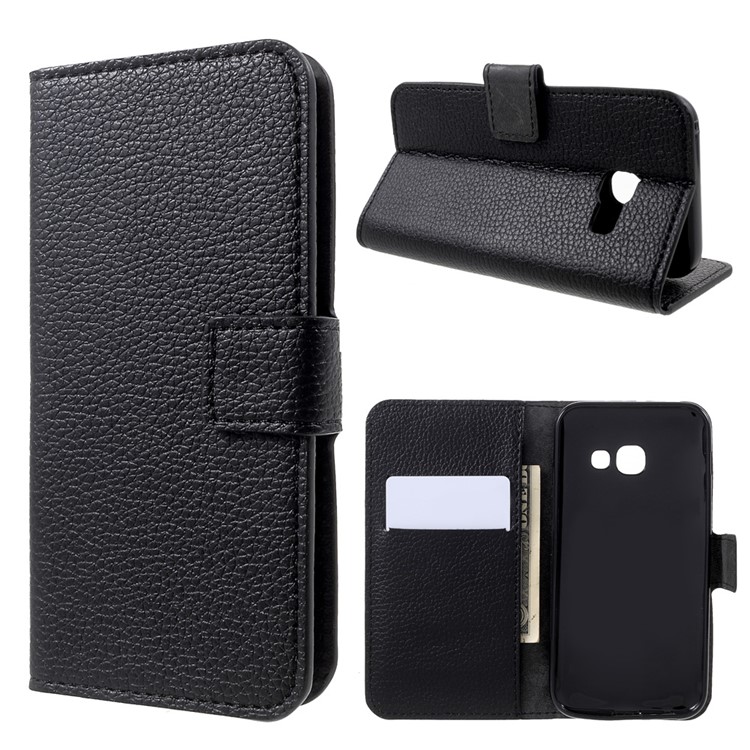 Litchi Grain Leather Wallet Phone Stand Case for Samsung Galaxy A3 (2017) - Black-1
