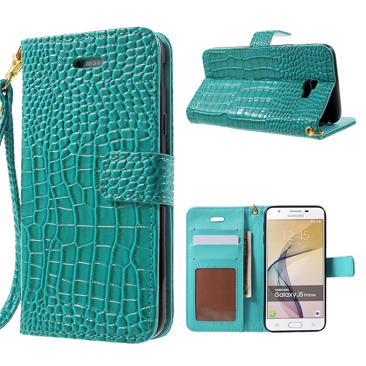

Crocodile Texture Wallet Leather Stand Phone Cover for Samsung Galaxy J5 Prime/On5 2016 - Cyan