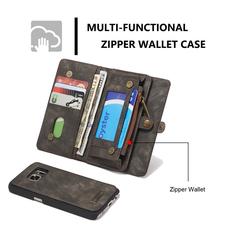 CASEME Multifunktionale 2-in-1 Reißverschluss Brieftasche Split Ledertasche Für Samsung Galaxy S7 G930 - Schwarz-11