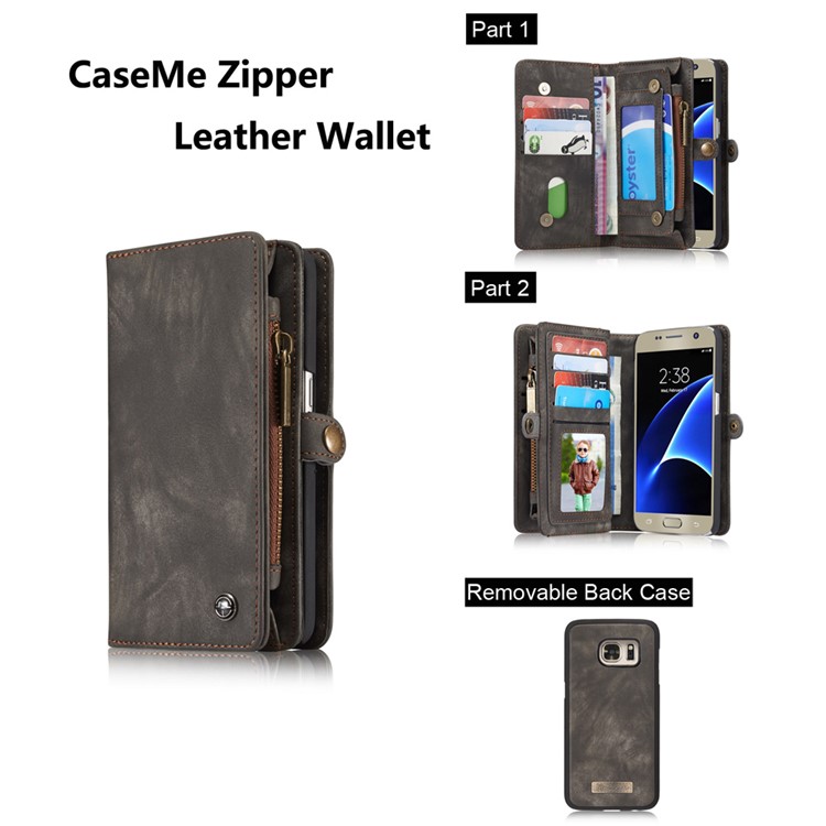 CASEME Multifunktionale 2-in-1 Reißverschluss Brieftasche Split Ledertasche Für Samsung Galaxy S7 G930 - Schwarz-12