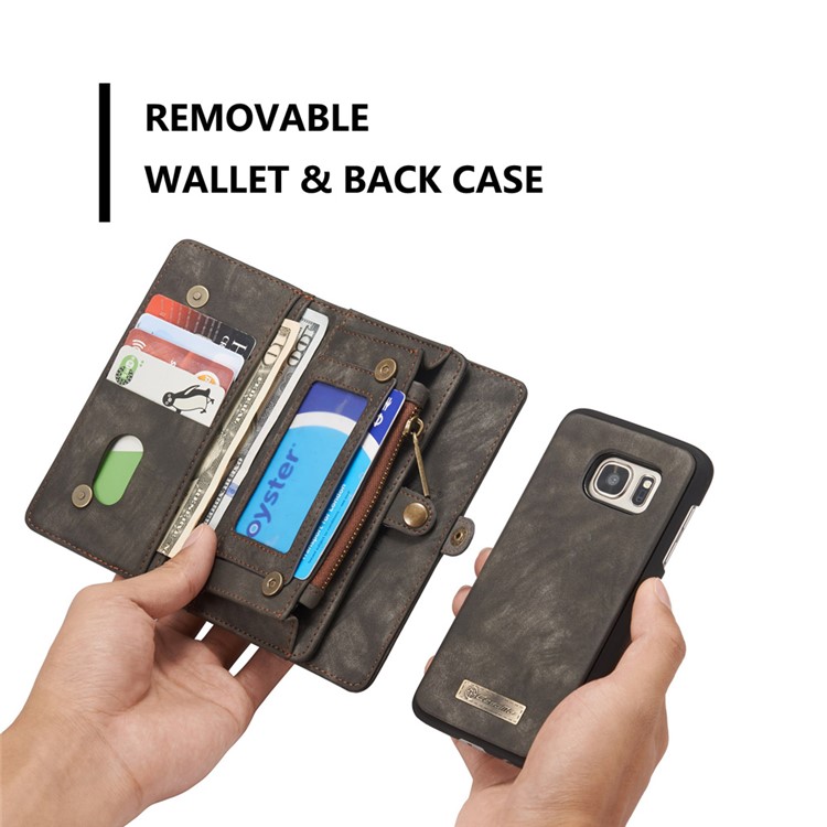 CASEME Multifunktionale 2-in-1 Reißverschluss Brieftasche Split Ledertasche Für Samsung Galaxy S7 G930 - Schwarz-13